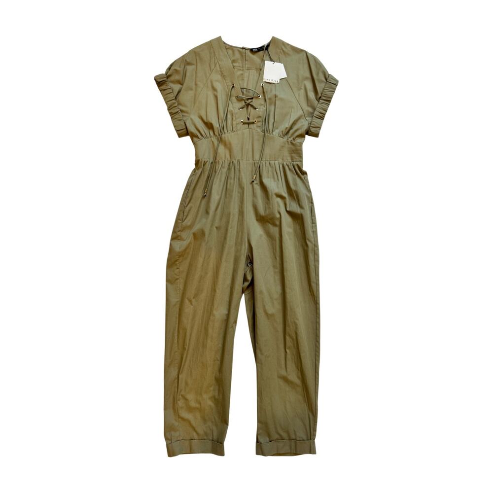 Zara Jumpsuit Women’s Medium Olive Green Utility NWT Safari Straight Leg Pockets - Picture 2 of 16